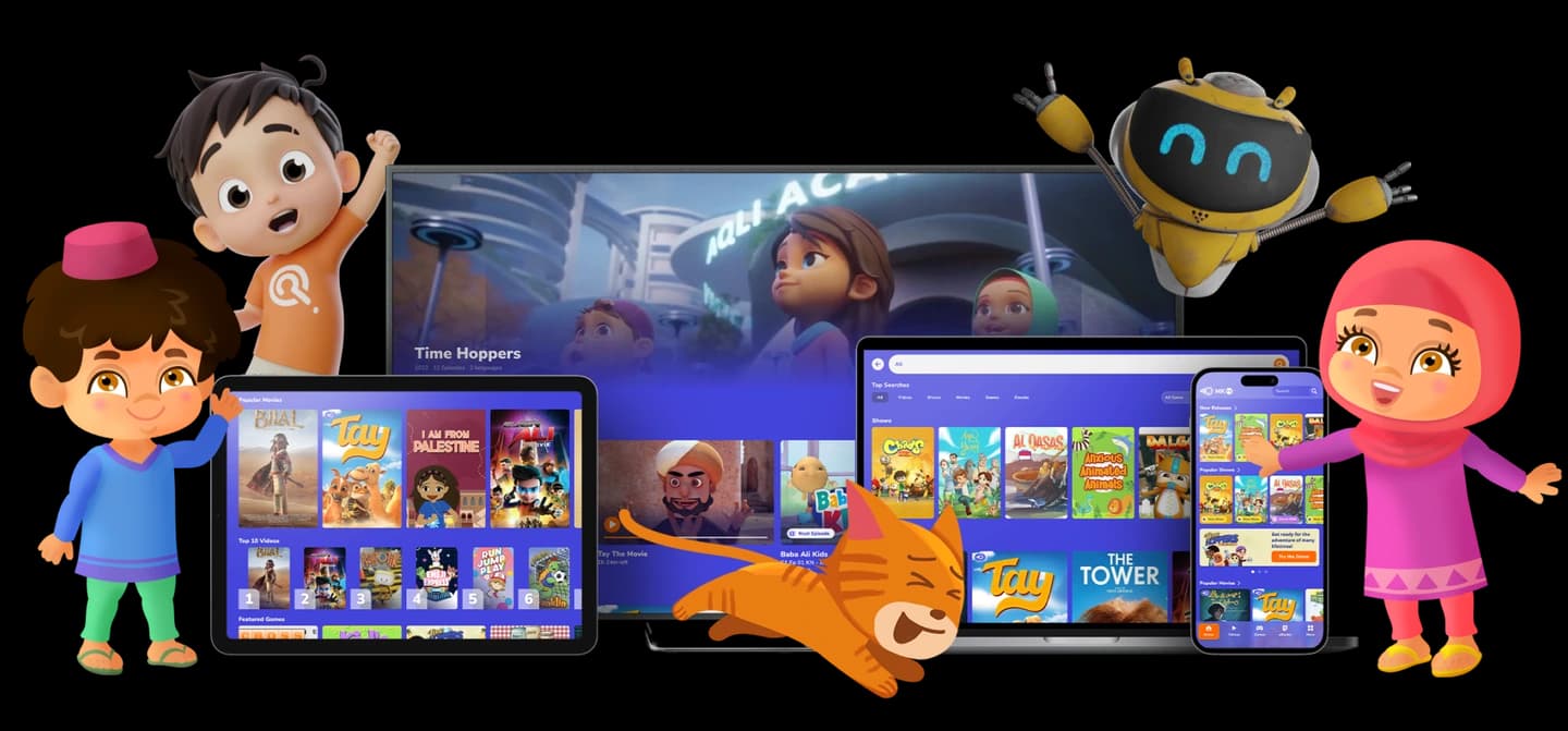 MuslimKids.TV playing on a television, laptop, tablet, and phone with MuslimKids.TV characters